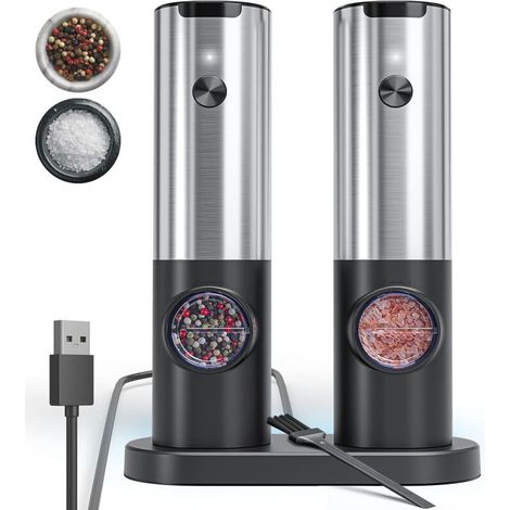 JSSEVN - Electric salt and pepper mill set with rechargeable base, stainless steel salt mill with adjustable coarseness, refillable salt and pepper shakers with LED light (1/5)