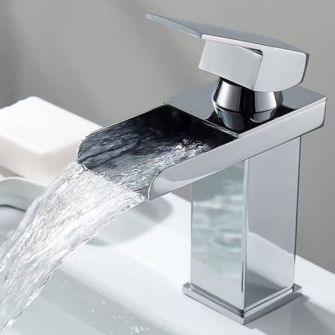 AIDUCHO Robinet Salle de Bain Cascade, Chromé Mitigeur Lavabo Cascade, Robinet Lavabo avec Bec Hauteur 140mm, Mitigeur Salle de Bain en Laiton, Eau Froide & Chaude Disponible, G 3/8 (1/5)