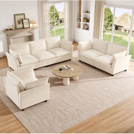 Conjunto de sofás modulares 3+2+1 en chenilla beige, 220/155/90 cm, composición flexible para 6-7 personas (1/5)