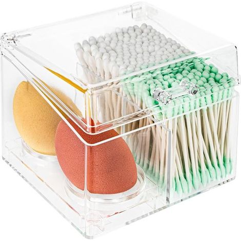 Estuche transparente con tapa y bandeja extraíble para huevos de belleza,con 3 compartimentos para bastoncillos de algodón (1/5)