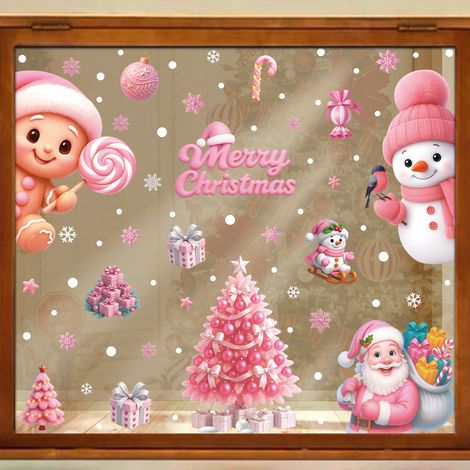 Décorations de fenêtre roses sur le thème de Noël pour chambre d'enfant, décorations de fenêtre mignonnes avec des motifs de dessins animés, autocollants statiques pour vitres - [Quatre combinaisons] 