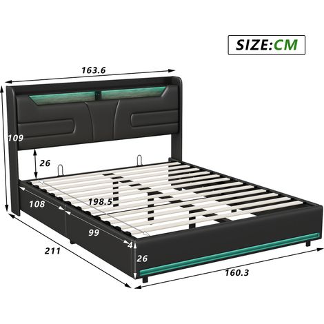 Eifson – Lit coffre 160x200 cm avec éclairage LED réglable – Port de charge USB – Rangement hydraulique – Similicuir noir texturé