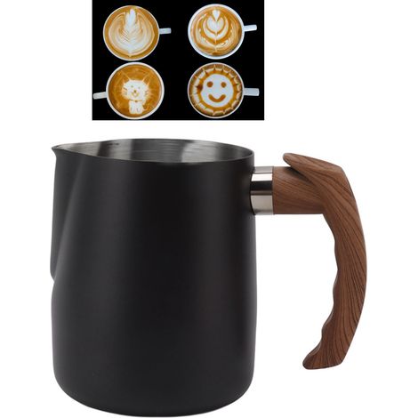 Tasse à latte art avec poignée en bois, bec verseur pointu, doseur intégré, tasse à café élégante, mousseur à lait, noir mat, 1000 ml (1/5)