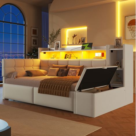 Coiffeuse avec miroir LED 120x40x139,5 cm naturelle, 3 tiroirs et 2 vitrines - CHICFURN (1/5)