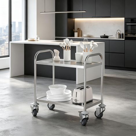 Carrello da cucina a 2 ripiani, 80 x 45 x 82 cm, in acciaio inox cromato grigio HAVRYA (1/4)