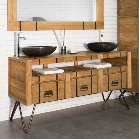 Wanda Collection – Meuble bas de salle de bain en mindi et acier 160 cm – 3 tiroirs – Niche de rangement – Style industriel Loft naturel (1/5)