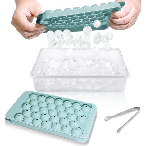 Set di 2 stampi per cubetti di ghiaccio rotondi con coperchio e vassoio - Diametro 2,5 cm - Blu - Stampo per ghiaccio con contenitore per il congelatore (1/5)