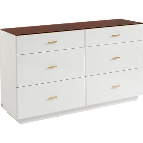Commode 6 tiroirs - MDF et verre trempé - Blanc laqué et marron - MATIRINA (1/4)