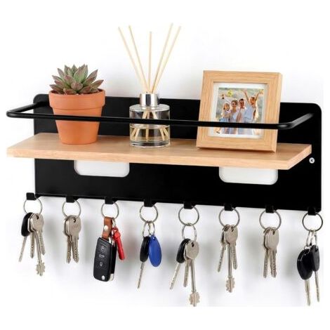 1 - Porte-clés - Étagère murale - 8 crochets en bois et acier - Organisation pour entrée et salon - Naturel - 60x20cm (1/5)