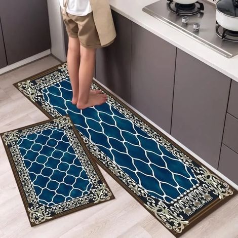 Tapis de Cuisine Antidérapant et Lavable - 2 Pièces 40 x 60 cm & 40 x 120 - Bleu Marron Rectangulaire Tapis de Sol (1/4)