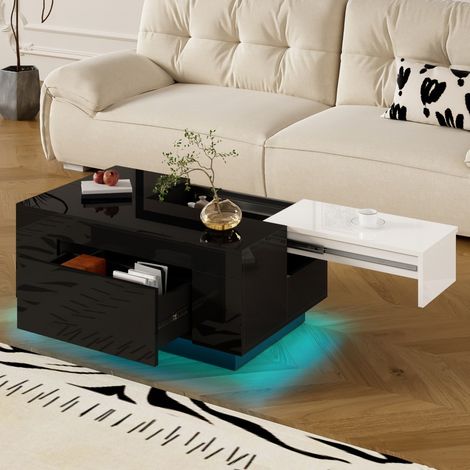 Table Basse Extensible - 80x50x35.5cm - Plateau Coulissant High Gloss avec Coffre Caché - Pour Salon Moderne - Noir et Blanc (1/5)