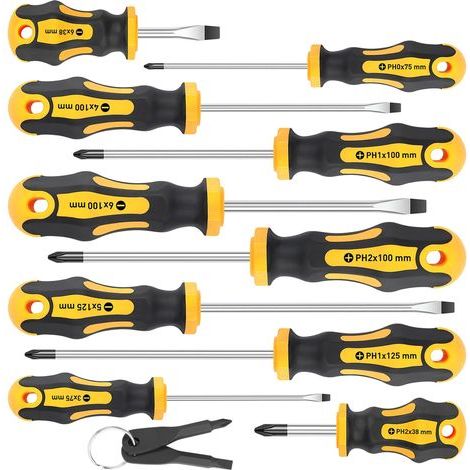 Set mit 12 magnetischen Schraubendrehern, 5 Kreuzschlitz- und 5 Schlitzschraubendrehern, professionelle ergonomische Griffe, inklusive 2 Schraubendreherschlüsseln (1/5)