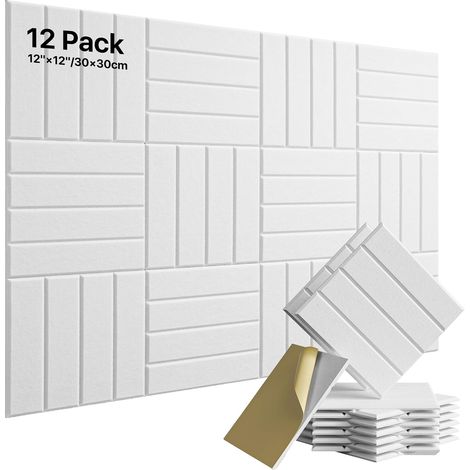 Panneaux Acoustiques Autocollant Blanc Lot de 12 Pièces en Polyester, Isolation Acoustique, Absorbeur Acoustique, pour Traitement Acoustique et Décoration Murale 30×30×0,9cm (1/5)