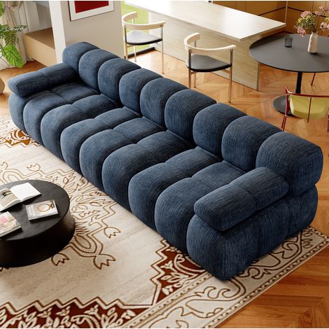 Divano lineare 300x100x68 cm in tessuto blu, senza montaggio, per soggiorno moderno FloraGrace (1/5)