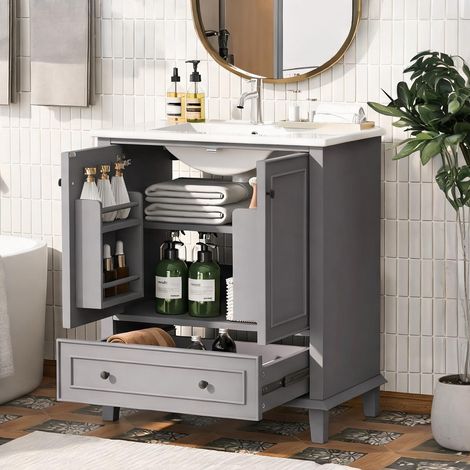 Meuble sous vasque 76 cm gris avec céramique et bois massif (1/5)