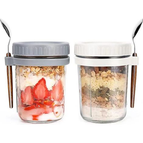 Lot de 2 pots de flocons d'avoine avec couvercle et cuillère-400 ml - Parfaits pour emporter des céréales, du yaourt et plus encore (1/5)