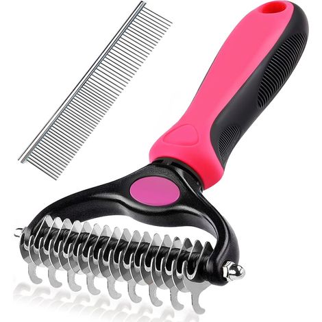 Brosse Chien Brosse Chat, Peigne Déméloir Chien et Brosse Chien Poil Long, Professionnel Râteaux de Toilettage pour Chien et Chat, Élimine Les Poils Morts, Nœuds, Rose Rouge (1/5)