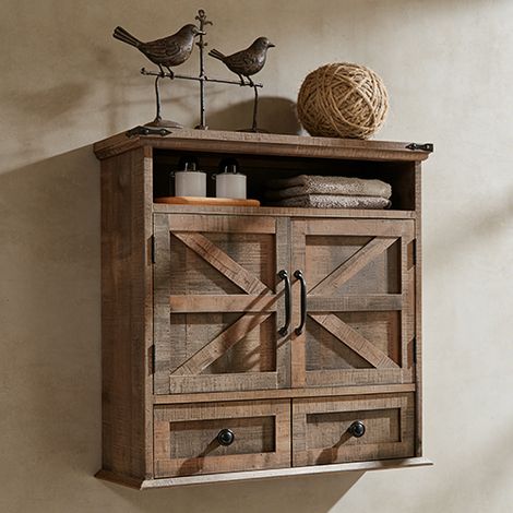 Armoire Murale de Salle de Bain Style Campagnard, Meuble de Rangement à Double Portes Battantes, 1 Tiroir & Étagère Réglable - Idéal pour Salle de Bain, Cuisine & Salon - Panneau de Particules Marron (1/5)