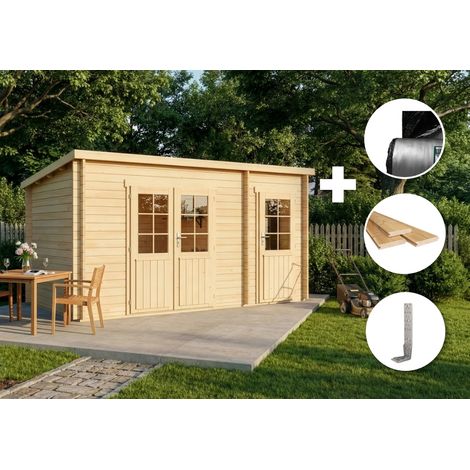 ECO Set - Abri de jardin Maria toit monopente avec annexe Naturel , 28 mm Épaisseur paroi 450 x 272 cm (1/4)