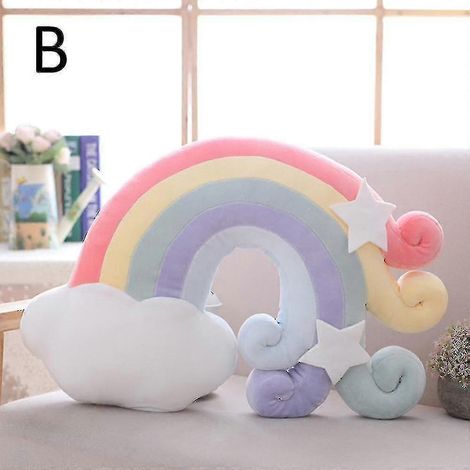 Coussin décoratif en peluche motif ciel arc-en-ciel, nuages, étoiles et lune, couleurs bonbon. Idéal pour les enfants. Cadeau parfait pour la maison, le salon ou le bureau. (1/5)