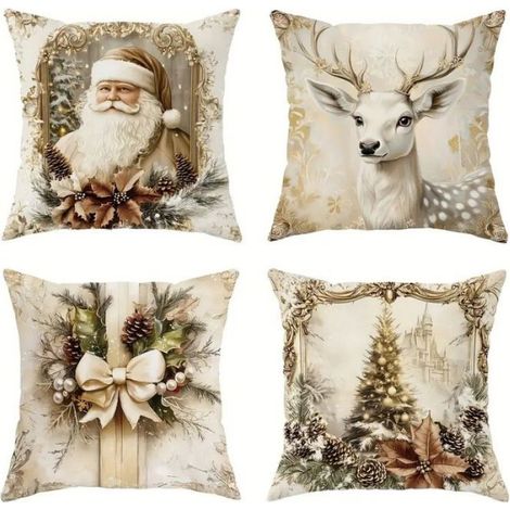 Taie D Oreiller - Lot De 4 Taies Décoratives Noel - Père Noël Rennes Arbre De Noël - 45x45 Cm
