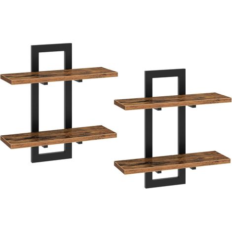Étagères Flottantes, Étagères Murales de 38 cm, Lot de 2, Étagères Murales à 2 Niveaux, Étagères Suspendues pour Salon, Chambre, Salle de Bain, Cuisine, Marron Rustique et Noir EBF32BJ01 (1/4)