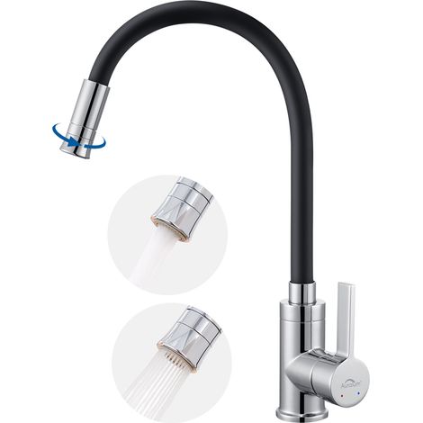 Auralum Grifo de Cocina Flexible con 2 Modos de Rociador, Grifo de Fregadero Giratorio 360° Mezclador Monomando de Fregadero para Agua caliente y fría regulables, Negro (1/5)