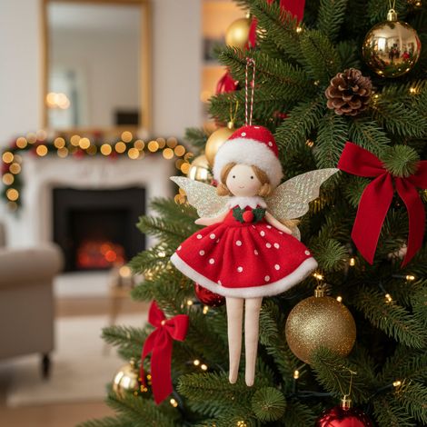 Ragazzina elfo con gonna rossa, pendaglio per decorazioni natalizie da interno -Chignon (1/4)