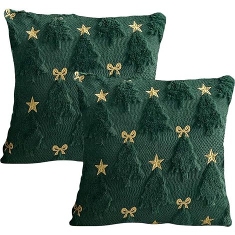 Kissenbezug mit besticktem Schmetterling und fünfzackigem Stern, Weihnachtsbaummuster, weicher Plüsch-Überwurfkissenbezug für Wohnzimmer und Schlafzimmer, grüne Schleife, 45 x 45 cm