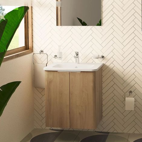 Vitra S20 Round Wall Hung 2-Door Vanity Unit and Basin 600mm Wide - Maple Oak (1/3)