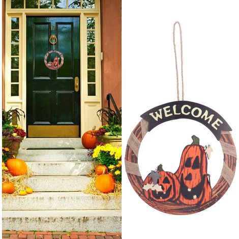 Décorations d'Halloween : panneaux de bienvenue, couronnes, décorations de porte, citrouilles en bois, chats noirs, châteaux de cimetière, costumes de fantômes et accessoires. (1/5)