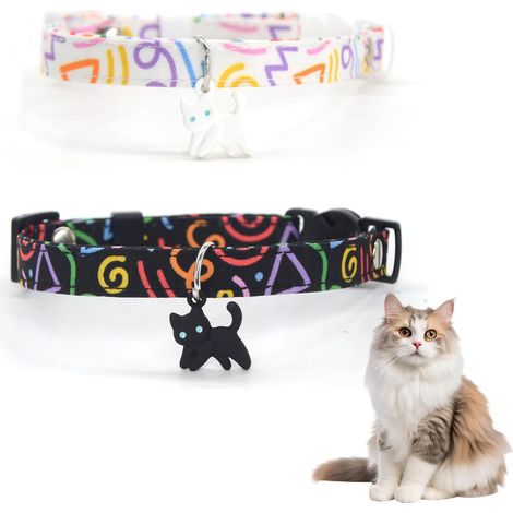 Lot de 2 Colliers pour Chat Anti Étranglement, Collier Chaton Réglable 16-26cm avec Boucle de Sécurité et Pendentif en Silicone, Motif Graffiti Noir et Blanc pour Chats et Chatons (Taille S) (1/5)