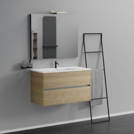 Inda - Badezimmerschrank 2 Schubladen L.100 mit Waschbecken, Spiegel und Lampe - Natureiche