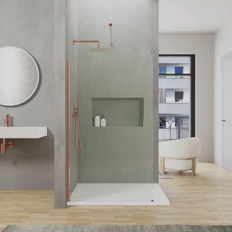 Cabine de douche à l italienne en arc de 140 cm avec profilé en cuivre brossé et verre transparent de 8 mm easy clean h200 Nusa (1/4)