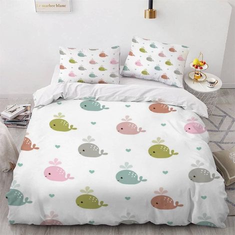 Housse de Couette 140x200 Enfant Baleine Coeur Parure de Lit 1 Personne Microfibre Housse de Couette Créatures Marines Mignonnes 3D Imprimé Literie Set 3 Pièces avec Fermeture Éclair - 140x200+2x50x75 (1/5)