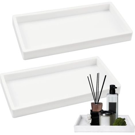 2-teiliges weißes rechteckiges Tablett-Set, dekorativer Badezimmer-Organizer zur ordentlichen Aufbewahrung von Parfums, Shampoo, Lotionflaschen und Make-up (1/5)