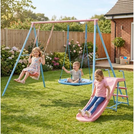 Outdoor-Spielplatz mit 2 Schaukeln und Rutsche, blau und rosa HAVRYA (1/5)