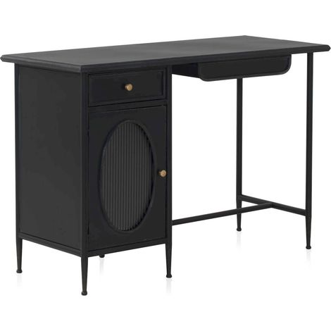 Bureau métal noir porte ovale verre ondulé style industriel - noir effet vieilli verre ondulé (1/5)