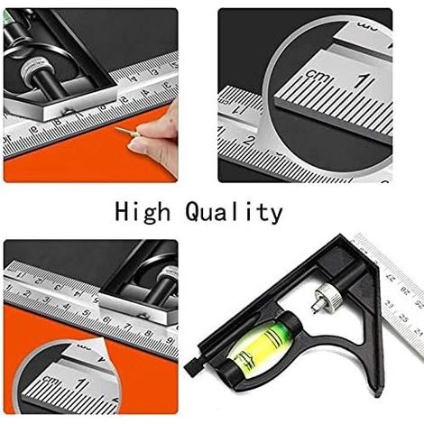 équerre Combinée,300 mm équerre à Combinaison Acier Inoxydable Règle d'angle de Combinaison avec Niveau Bulle Règle Multifonctionnel,Adjustable Outil de Mesure pour Dessiner des Marques de Mesure GROO (1/4)