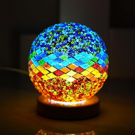 Lampe de mosaïque bleue méditerranéenne Vintage rétro teinté turc marocain bohème Tiffany côté lit coloré verre fait à la main avec base en bois USB charge décor lumière pour (1/3)