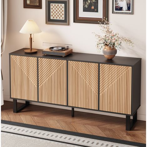 Mueble TV 160x38x75 cm negro y natural, MDF y tablero de particulas con almacenaje (1/5)