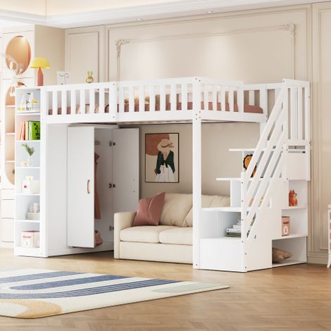 Letto a soppalco multifunzionale 90x200 cm con mensole, mobile contenitore e ampio armadio, scaletta di sicurezza con vani portaoggetti, bianco (1/5)