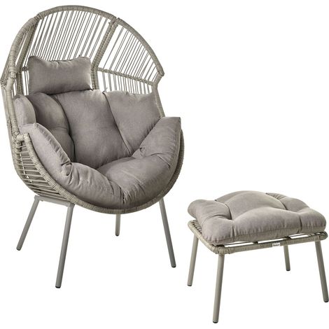 Chaise de Jardin avec Pouf Repose-Pieds Intérieur Extérieur en Polyrotin Beige Naturel avec Coussins Gris Murano (1/5)
