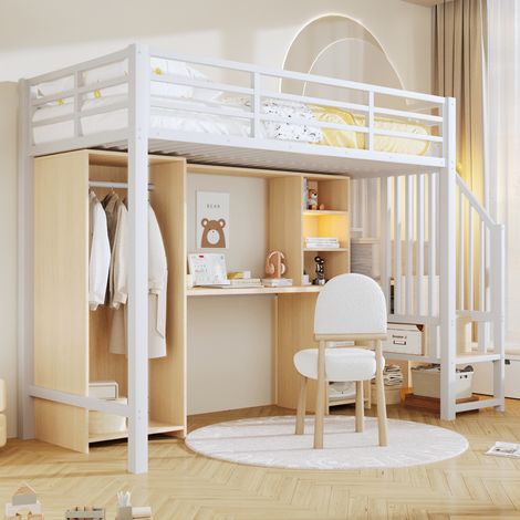 Letto a soppalco per bambini 90x200 cm con scrivania, armadio e scaletta contenitore, in metallo bianco