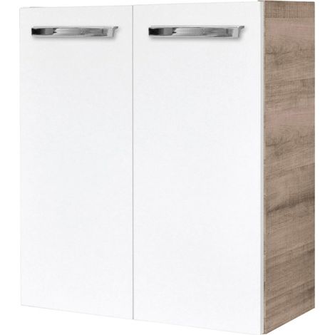 Fackelmann A-VERO Waschbeckenunterschrank schmal – Unterschrank für Waschtisch im Gäste-WC (52 cm x 60 cm x 24 cm) – 2 Türen – SBC Badezimmerschrank hängend in Braun hell/Weiß"-"86039 (1/3)