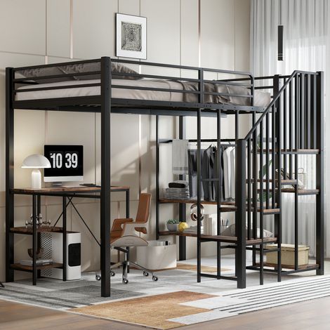 Lit mezzanine moderne 120x200 cm en métal et MDF noir, avec bureau, étagères, penderie ouverte et échelle d’angle (1/5)