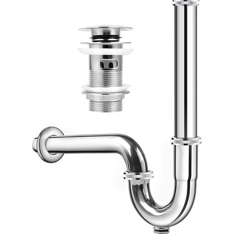 Kit de siphon de lavabo universel, bonde pop-up chromée avec trop-plein, siphon tubulaire pour lavabo (siphon + tamis d'évacuation) (1/5)