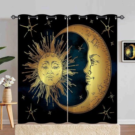 Rideau Occultant Bohème Soleil Lune Étoile Tenture Opaque à Oeillets Draperies Intérieurs Rideau Thermique Isolant pour Maison Chambre Salon Fenetre 2 Pièces L 140 x H 280 cm - 140L X 280H cm (2 Panne (1/5)