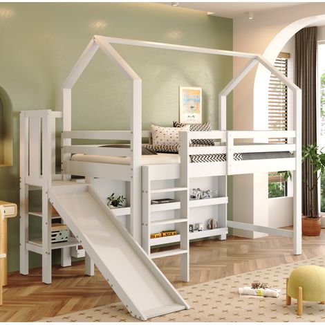 REDOM - Lit enfant 90x200 cm avec toboggan, escalier et rangement, bois et MDF blanc (Sans matelas) (1/5)
