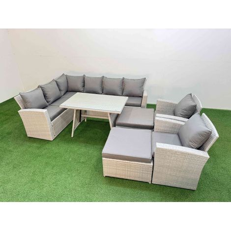 Fimous Garden Outdoor Rattan Furniture Set Rattan Corner Sofa Oblong Dining Table with 2 Armchairs 2 Big Footstools Light Grey Mixed 10 Seater (1/4)